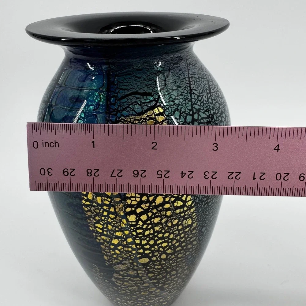 Robert Eickholt Signed Studio Art Glass Vase Blue Gold Leaf Iridescent Crackle